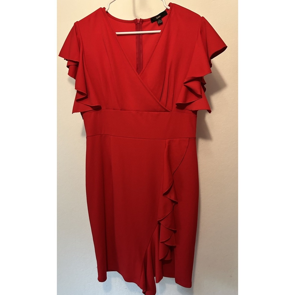 Knitee V Neck Red Dress Women's XL Ruffle Sleeve & Front Faux Wrap EUC